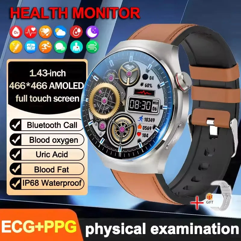 2025 New ECG Blood Pressure Blood Oxygen Blood Lipids Uric Acid Heart Rate Temperature Monitor AMOLED Bluetooth Call Smart Watch