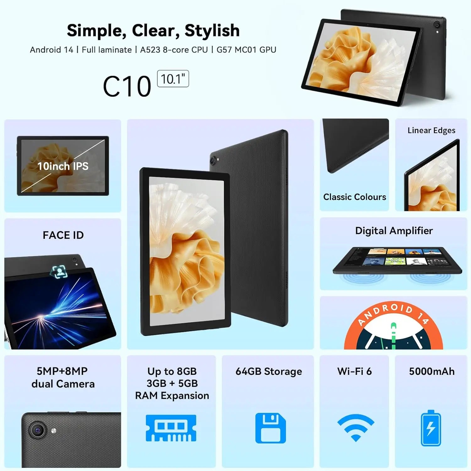 URAO 10 Inch Tablet Android 14 8GB(3+5 Expand) RAM 64GB ROM 1TB Expand 1280x800 IPS Screen 5000MAH Battery Dual Cameras WiFi 6