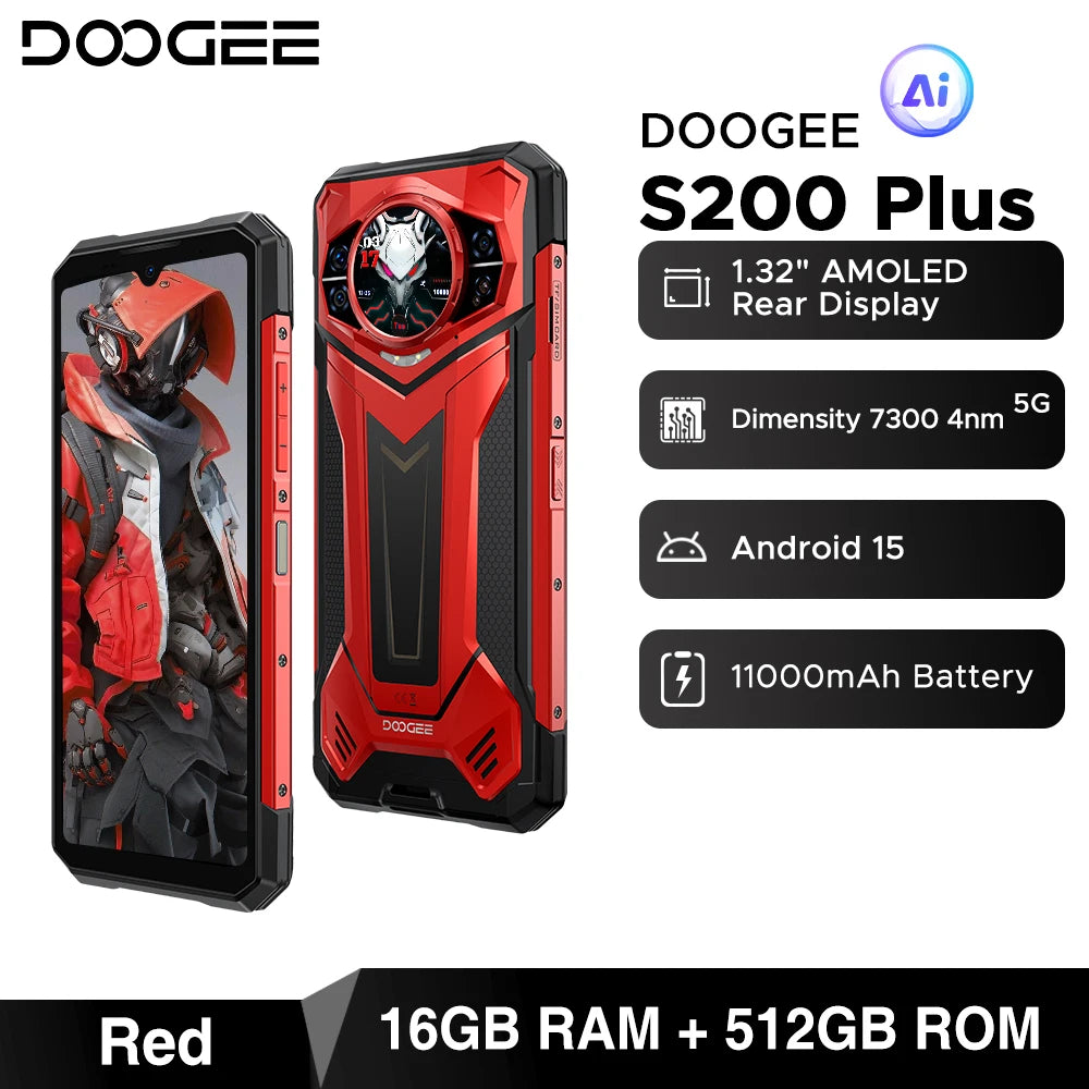 DOOGEE S200 Plus 5G Rugged Phone 1.32" Rear Display AI Image 6.72'' Screen 16GB 512GB 11000 mAh Battery Android 15 Smartphone
