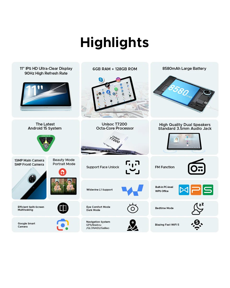 【Brand+】Doogee Tab A9 Pro+ Tablet Pc 11-Inch Android 15 30Gb Ram(6+24) 128Gb Rom 8580Mah Battery Widevine L1 Support