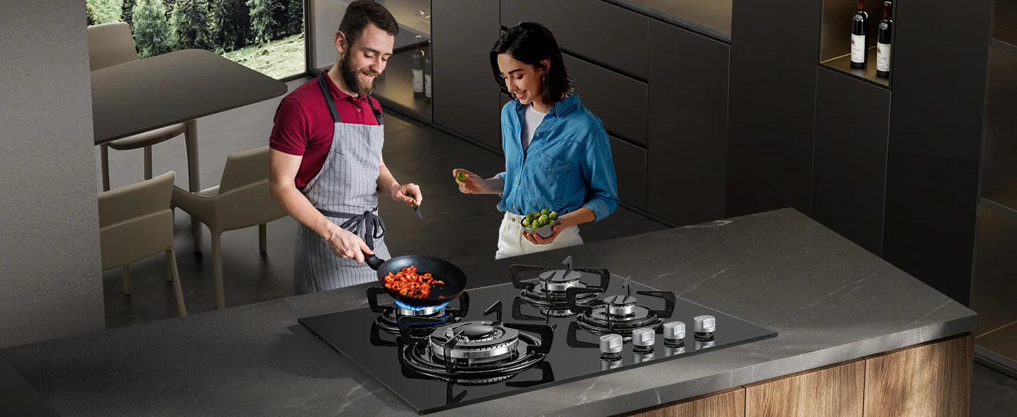 60cm Built-in Gas Hob 4 Burner | Auto Thermocouple & Safety Lock | 4-Zone Tempered Glass 8060W with Auto Ignition