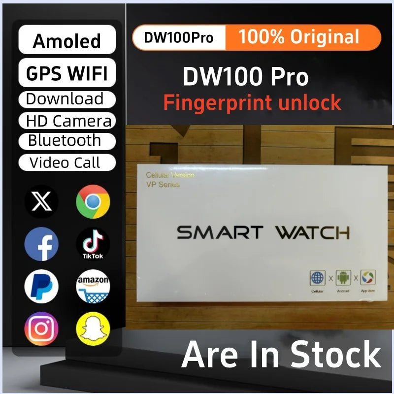DW100 Pro Smartwatch Fingerprint Unlock control Smart Watch 256GB Storage ROM Free Download App WIFI GPS WIFI 2.29inch Amoled
