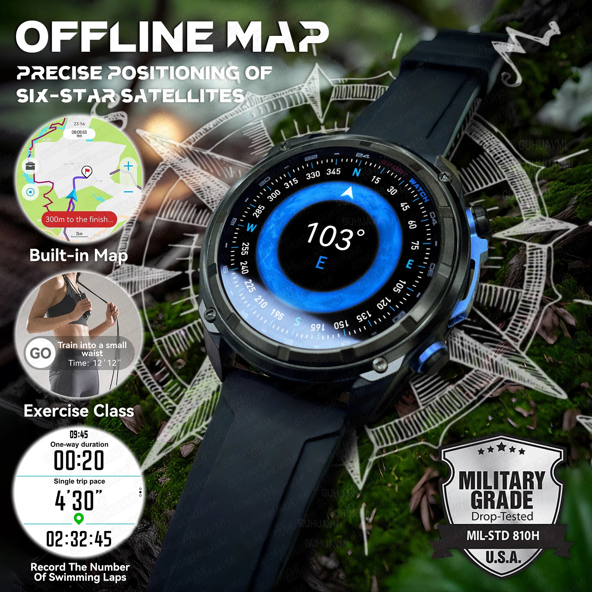 2025 New Military Sport GPS 4GB Memory Smartwatch Men 5ATM Waterproof Fitness Tracker Offline Maps 860Mah Battery Smart Bracelet