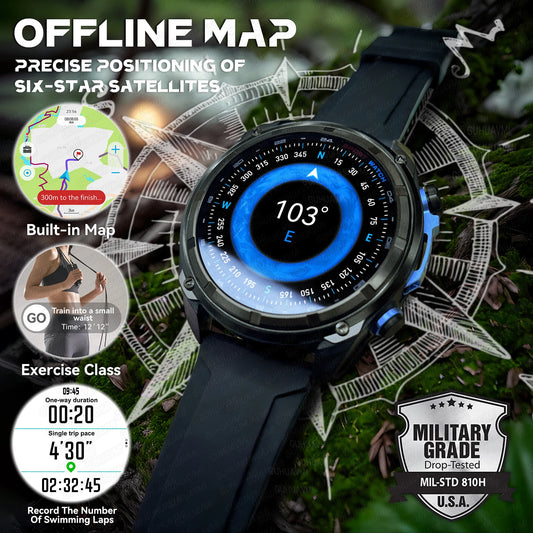 2025 New Military Sport GPS 4GB Memory Smartwatch Men 5ATM Waterproof Fitness Tracker Offline Maps 860Mah Battery Smart Bracelet