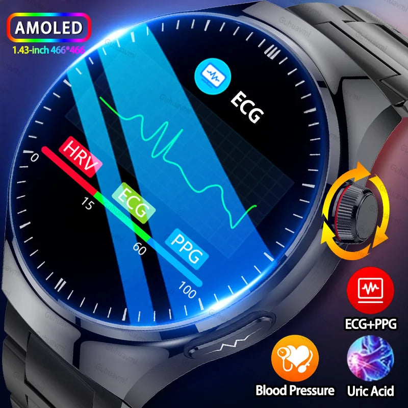 2025 New ECG Blood Pressure Blood Oxygen Blood Lipids Uric Acid Heart Rate Temperature Monitor AMOLED Bluetooth Call Smart Watch