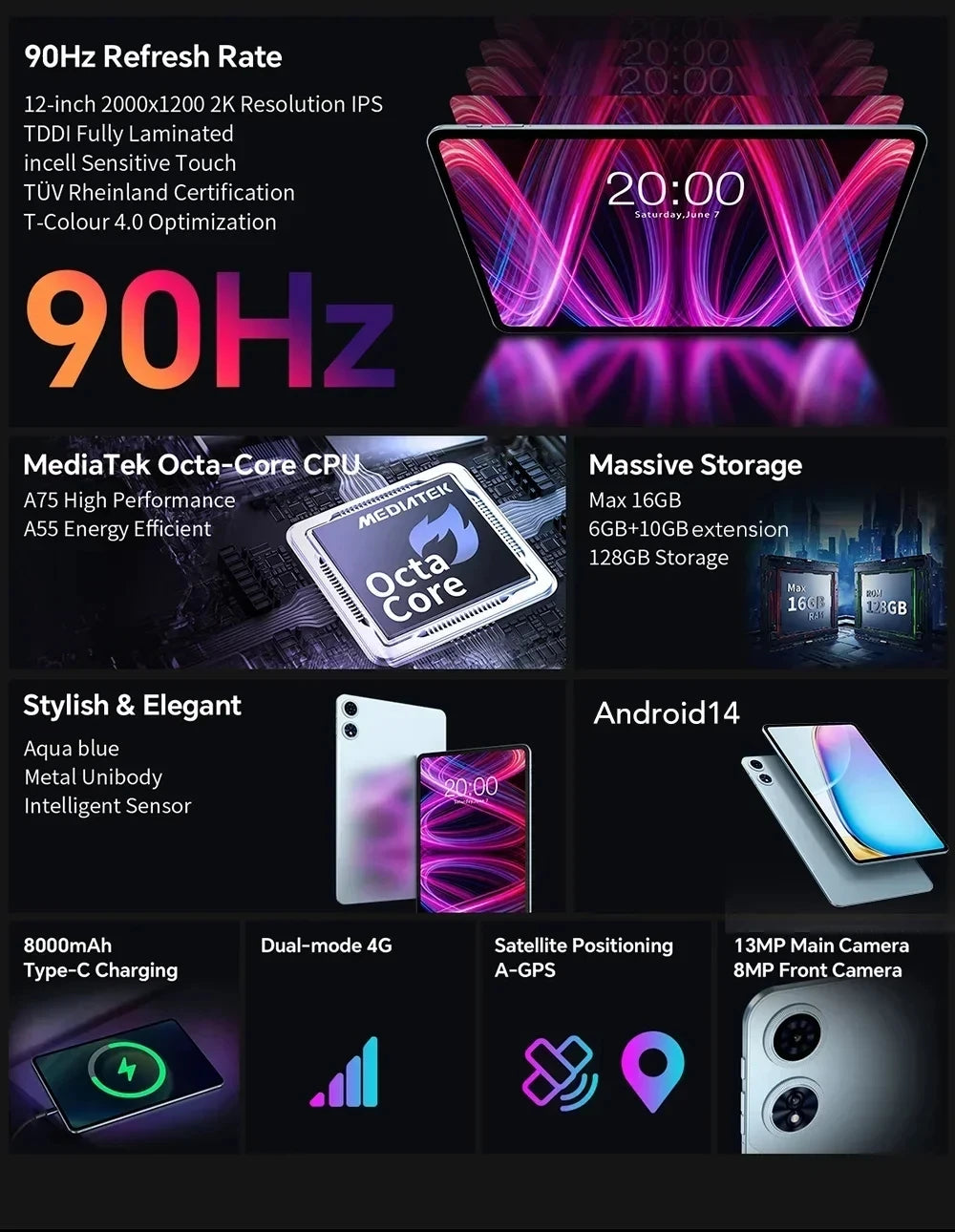 NEW Tablet Teclast T60 Plus 12 inch MTK Helio G88 8-core CPU 6GB RAM 16GB ROM Android 14 Dual-band WiFi BT5.0 8000mAh 13MP+8MP