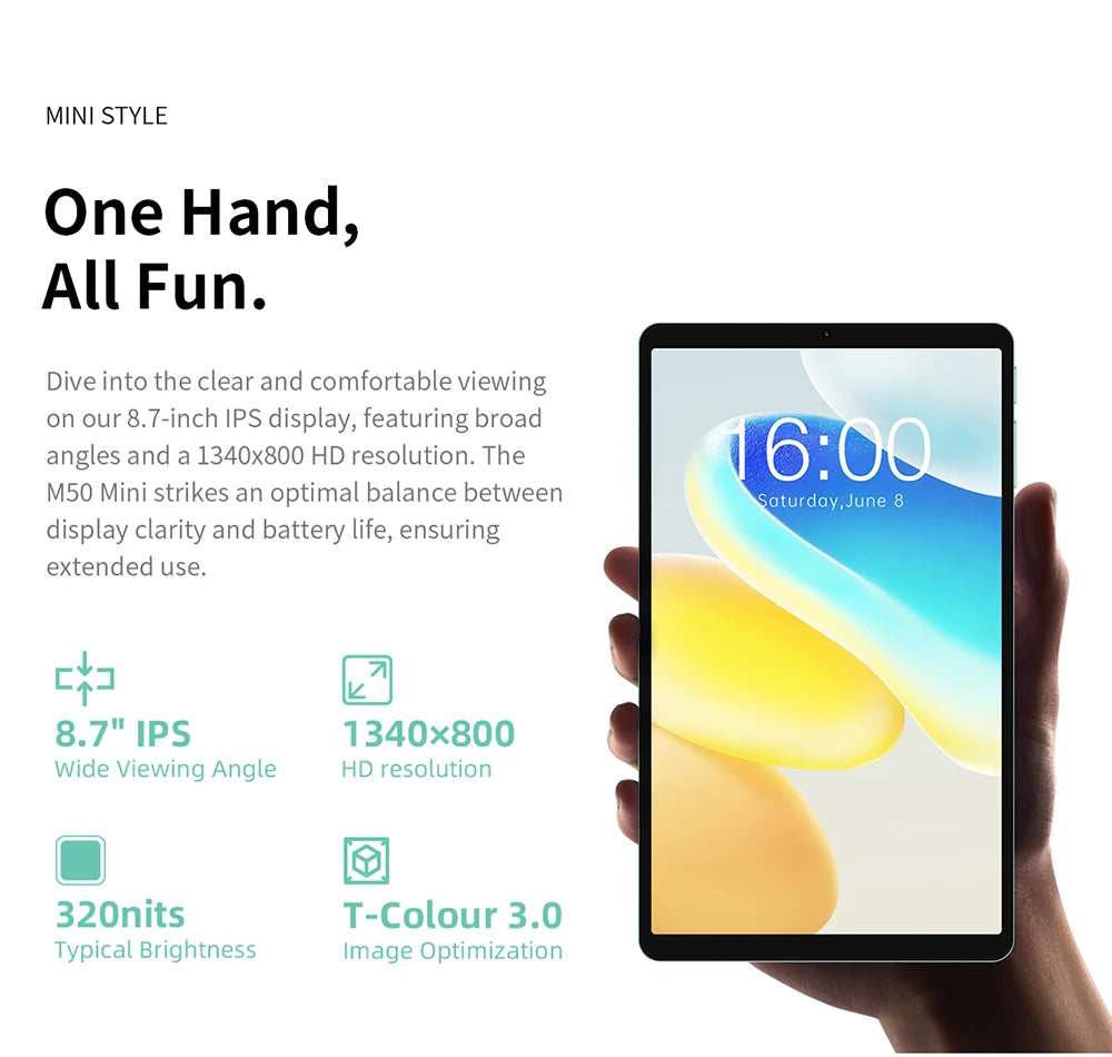 Teclast M50 Mini Tablet 8.7" 90Hz Screen 4GB RAM 128GB ROM Unisoc T606 Octa-core 5100mAh Battery Android 15 Tab Wifi5 Metal Body