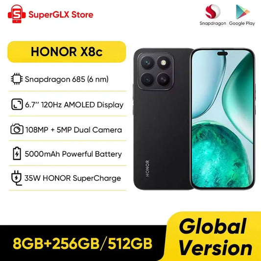 New HONOR X8c Global Version Smartphone Snapdragon 685 6.7'' AMOLED 120Hz Display 5000mAh Battery 108MP Camera 35W SuperCharge
