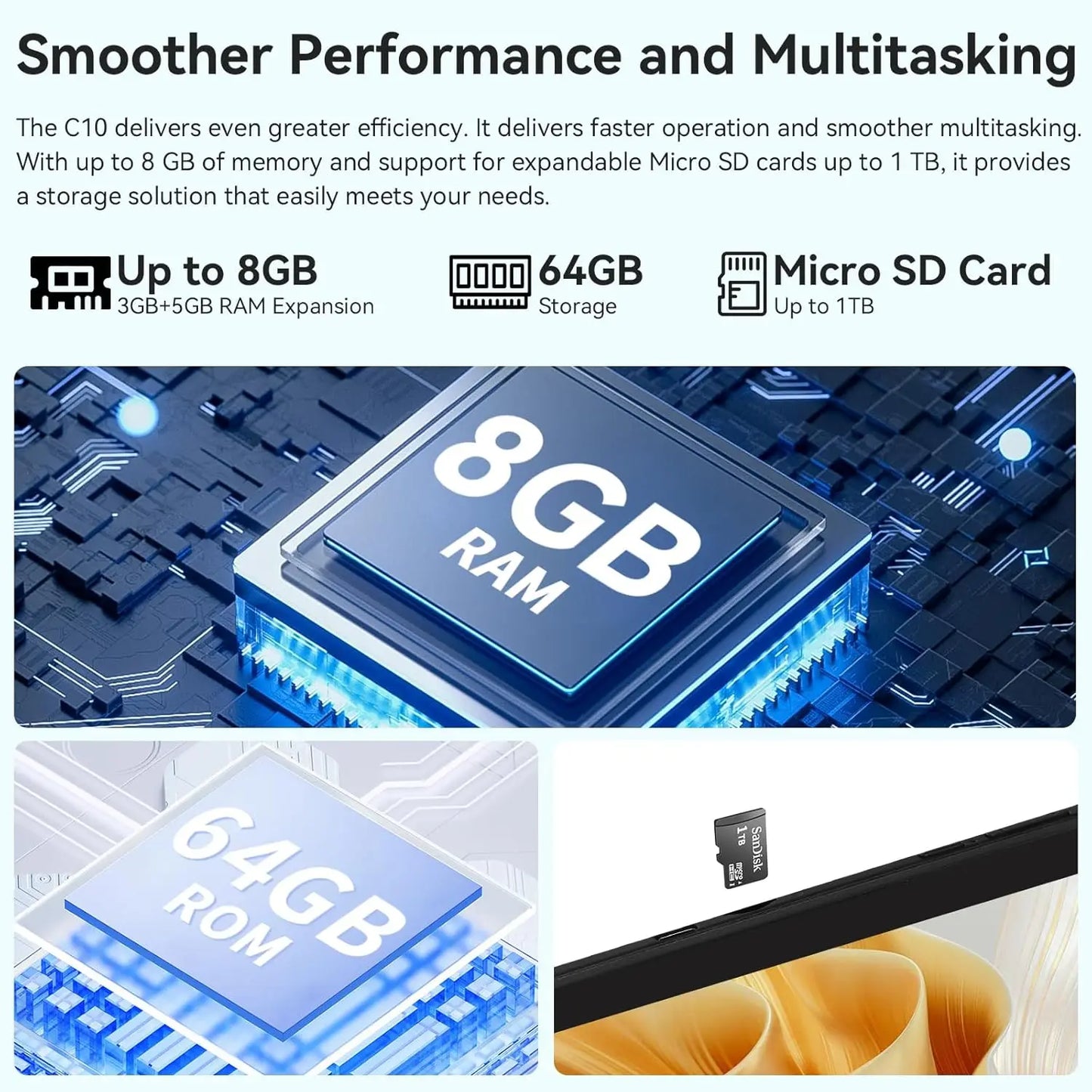 URAO 10 Inch Tablet Android 14 8GB(3+5 Expand) RAM 64GB ROM 1TB Expand 1280x800 IPS Screen 5000MAH Battery Dual Cameras WiFi 6