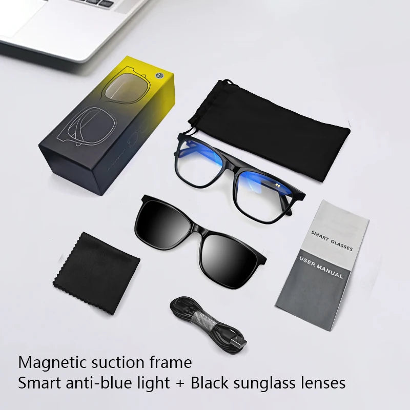 Hot GS05 Smart Glasses For Men 2 in 1 UV Protection Portable Polarized Anti-blue light Black Frame White Lenses Music Sunglasses