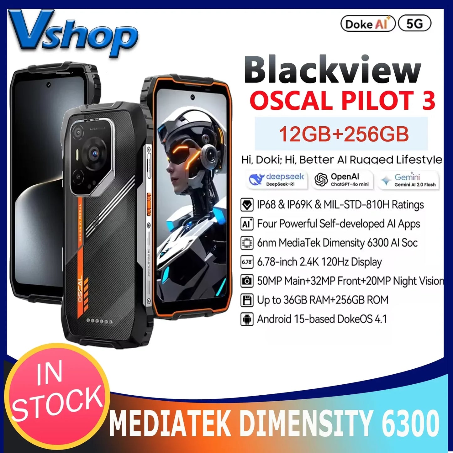 Blackview Oscal Pilot 3 5G AI Rugged Phone 12GB+256GB 6.78" 2.4K Display 7500Amh Battery Android 15 MTK 6300 5G NFC Smartphone