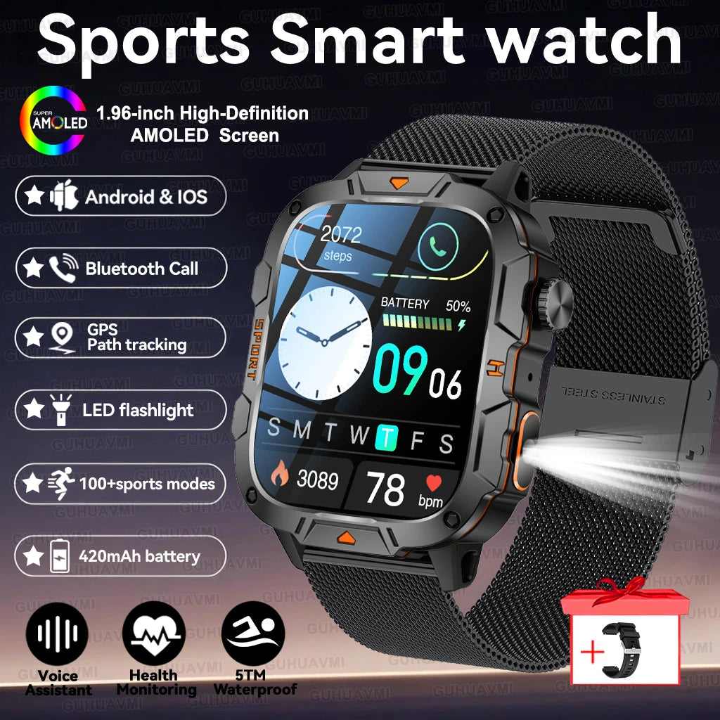 2025New Rugged Military GPS Track Smart Watch Men Bluetooth Call 5ATM Waterproof Flashlight Outdoor Sports SmartWatch For Xiaomi
