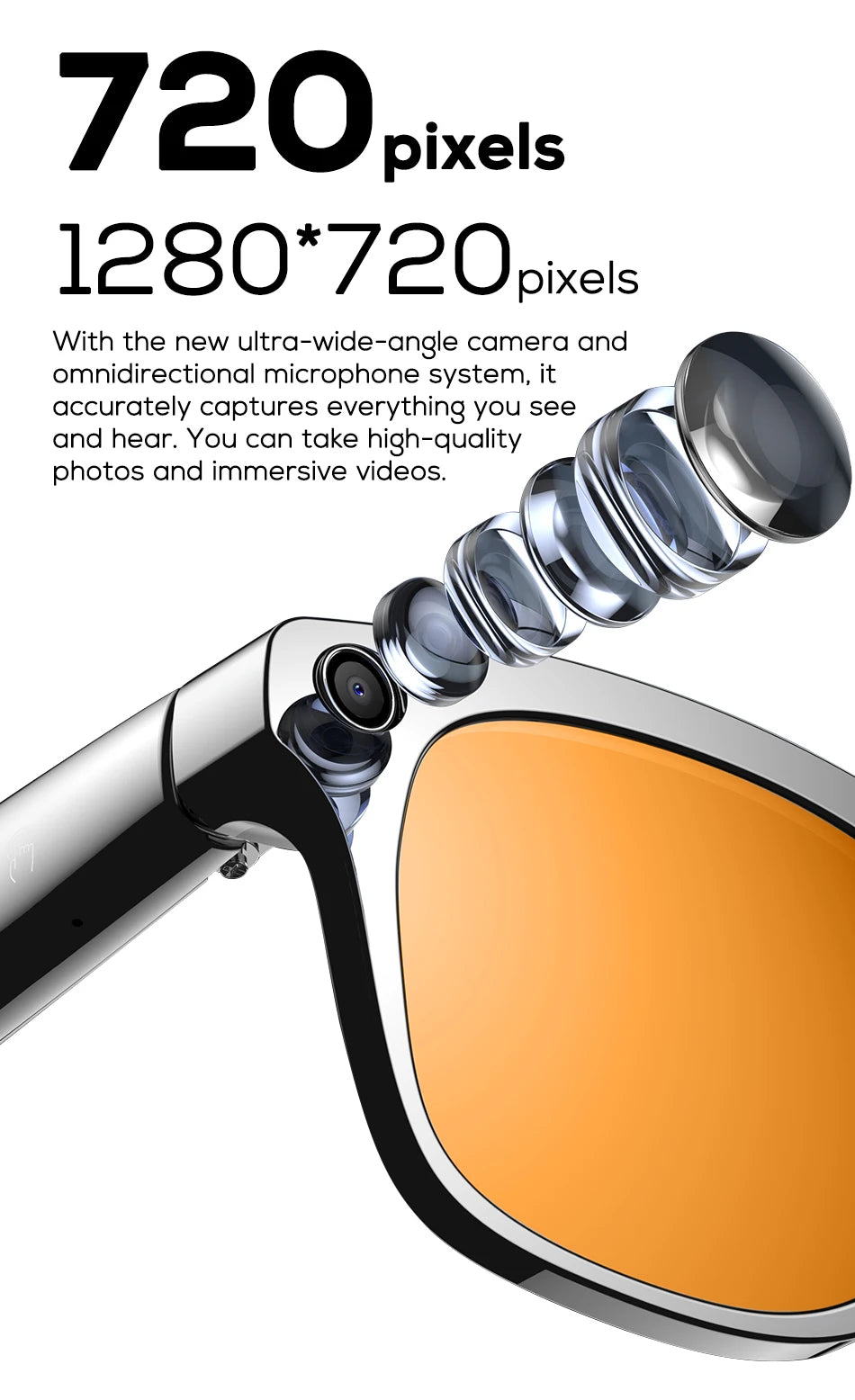 Smart Glasses 100W Camera Anti-shake Video Recording Music Control Photo Recognition Bluetooth Call Sports Sunglasses Waterproof