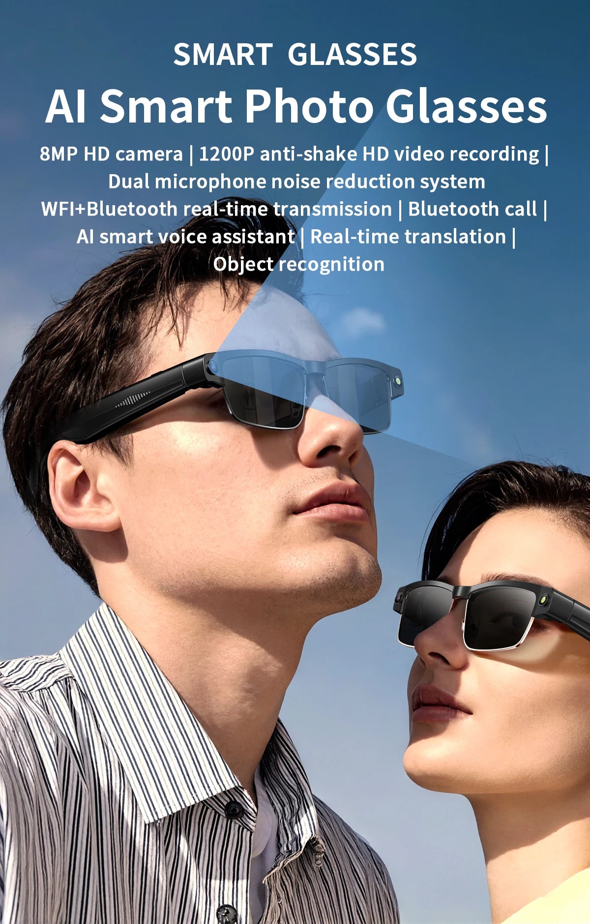 Smart Glasses with HD Camera 1200P Anti-shake Video Record Real-time Translation Object Recognition Bluetooth Call Smart Glasses