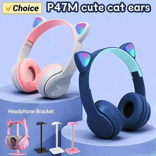Wireless Headphones Cat Ear Bluetooth-Compatible Helmets Stereo Bass Over-Ear Headsets Sports Headphones for Kids and Adult