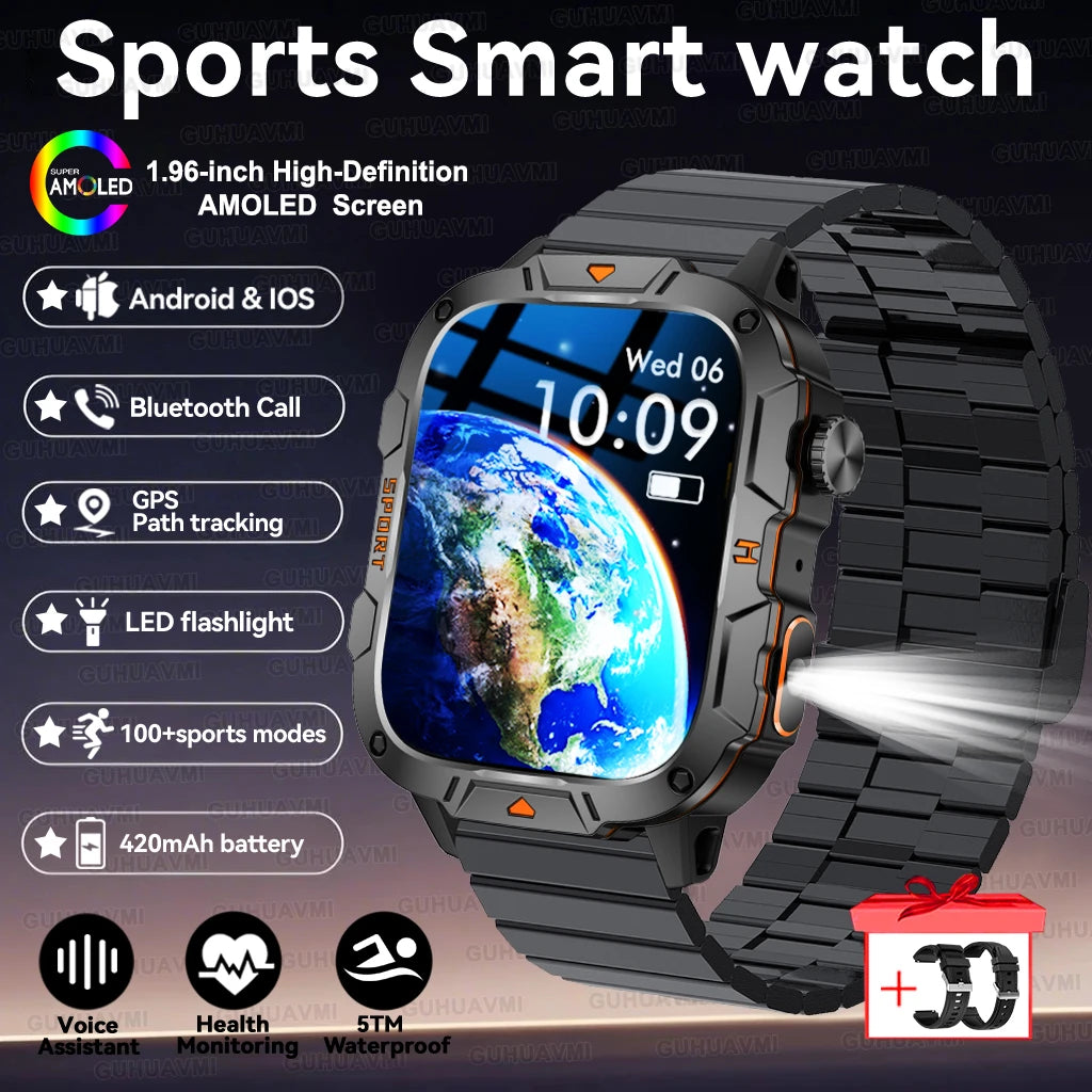 2025New Rugged Military GPS Track Smart Watch Men Bluetooth Call 5ATM Waterproof Flashlight Outdoor Sports SmartWatch For Xiaomi