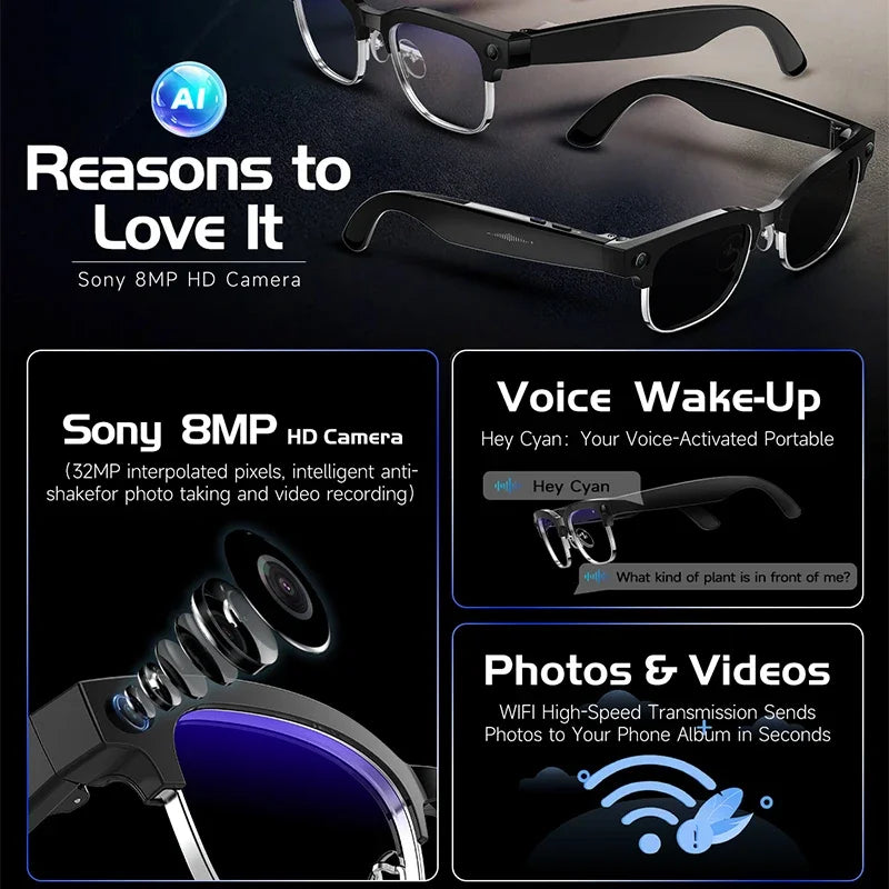 Smart AI Translation Smart Glasses Take Photos Recognizing Objects 4K Camera Bluetooth Music Call Intelligent Recording Glasses