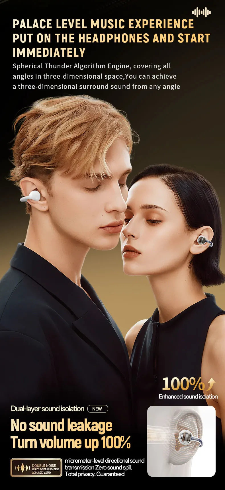 Ear Clip Earbuds 6th Gen Bluetooth 6.0 Headphones Surround Sound Earphone Touch Control Wireless Headset Noise Reduction HD Call