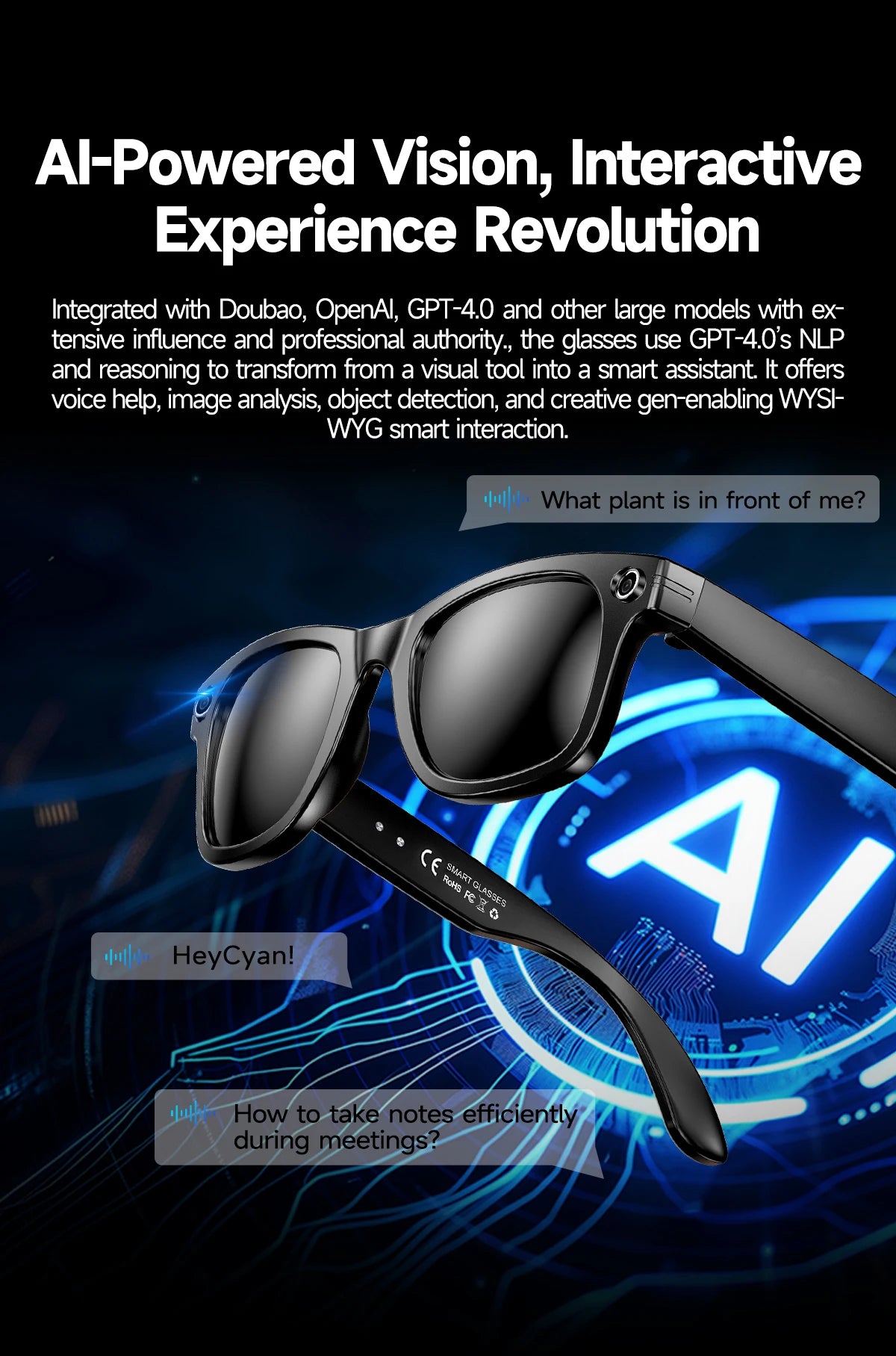 Smart Glasses 800W Pixel HD Camera Bluetooth Call Video Recording AI intelligent Real-time translation Object recognion Sunglass