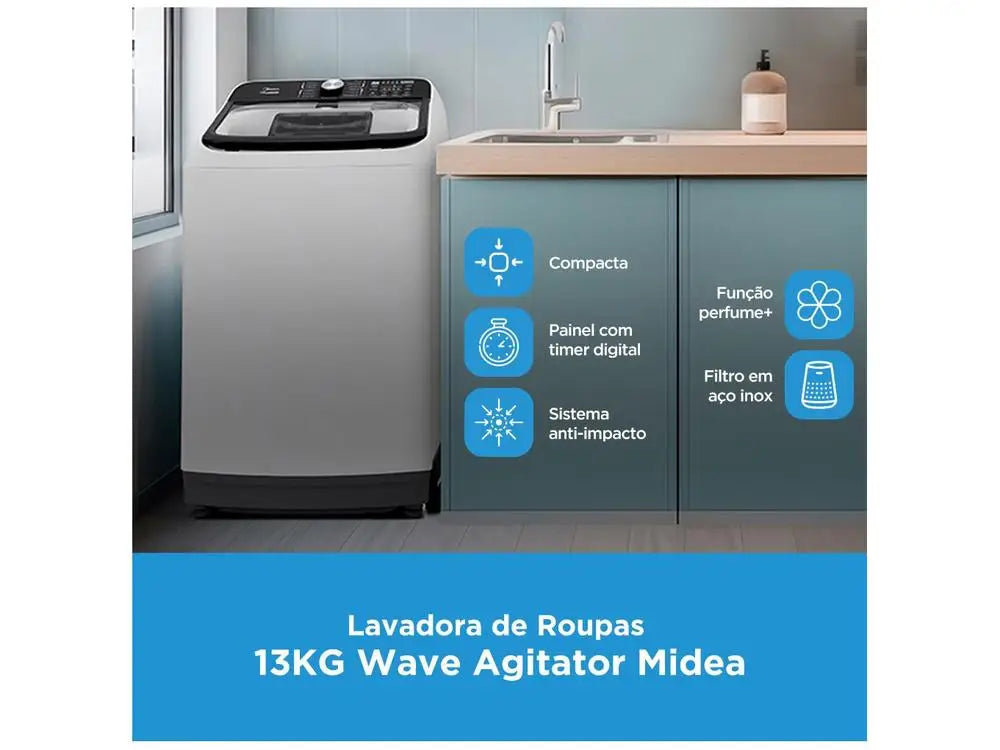 Washing Machine Midea 13kg Inox Basket White Wash Programs Wave Agitator - 110V