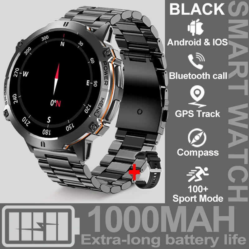 NEW 1000MAH Super endurance Sport Smart Watch Men 1.73-inch HD Screen GPS tracker Compass Bluetooth Call Waterproof Smart Watch