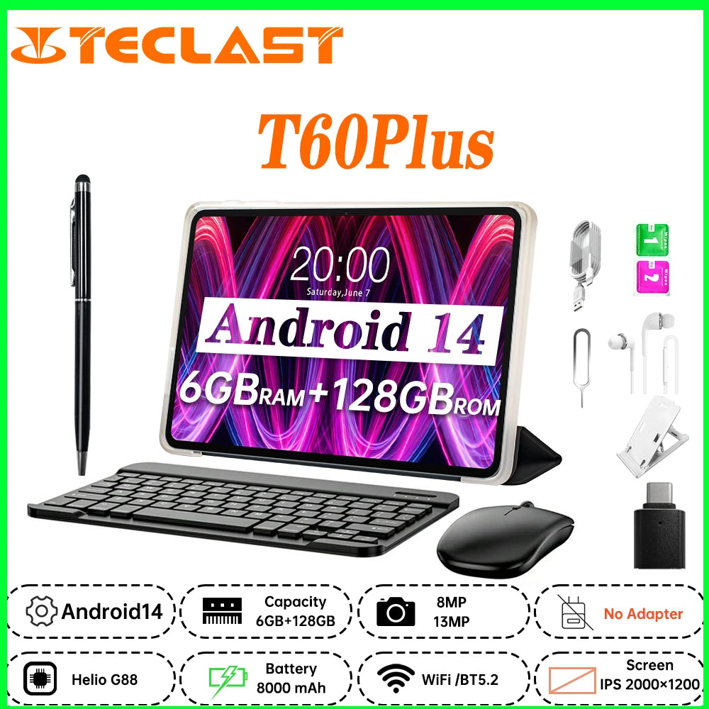 NEW Tablet Teclast T60 Plus 12 inch MTK Helio G88 8-core CPU 6GB RAM 16GB ROM Android 14 Dual-band WiFi BT5.0 8000mAh 13MP+8MP