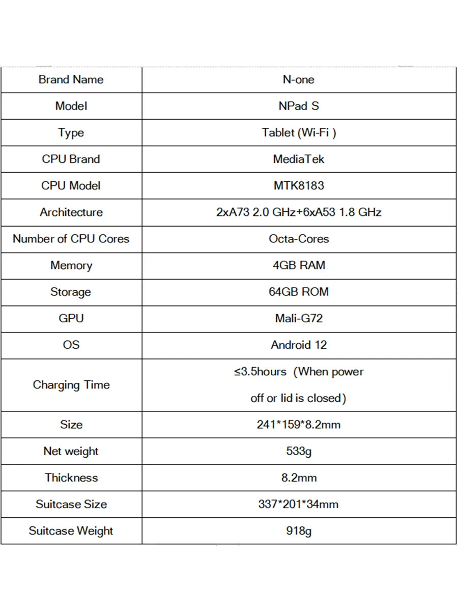 N-ONE NPad S 2023 10.1inch Tablet Pad 1280X800 HD 4GB 64GB Android 12 MTK8183 8-Cores 6600mAh Dual WIFI BT5.0 Tablettes