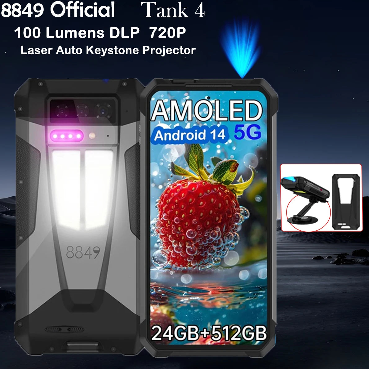 8849 Tank 4 Unihertz Rugged Smartphone Projector 720P 100 Lumens 6.78'' AMOLED 512G Android14 11600mAh 5G Dimensity 7300 120Hz