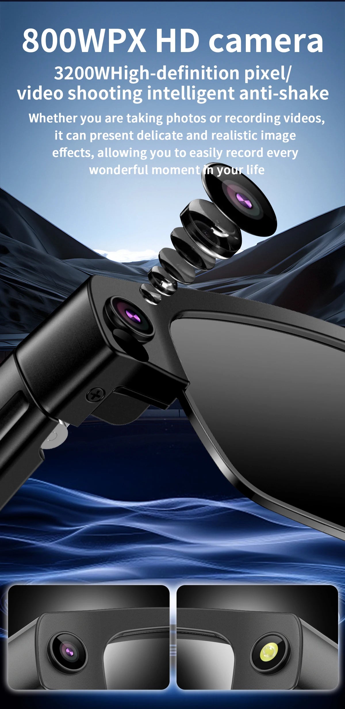 Smart Glasses with HD Camera 1200P Anti-shake Video Record Real-time Translation Object Recognition Bluetooth Call Smart Glasses