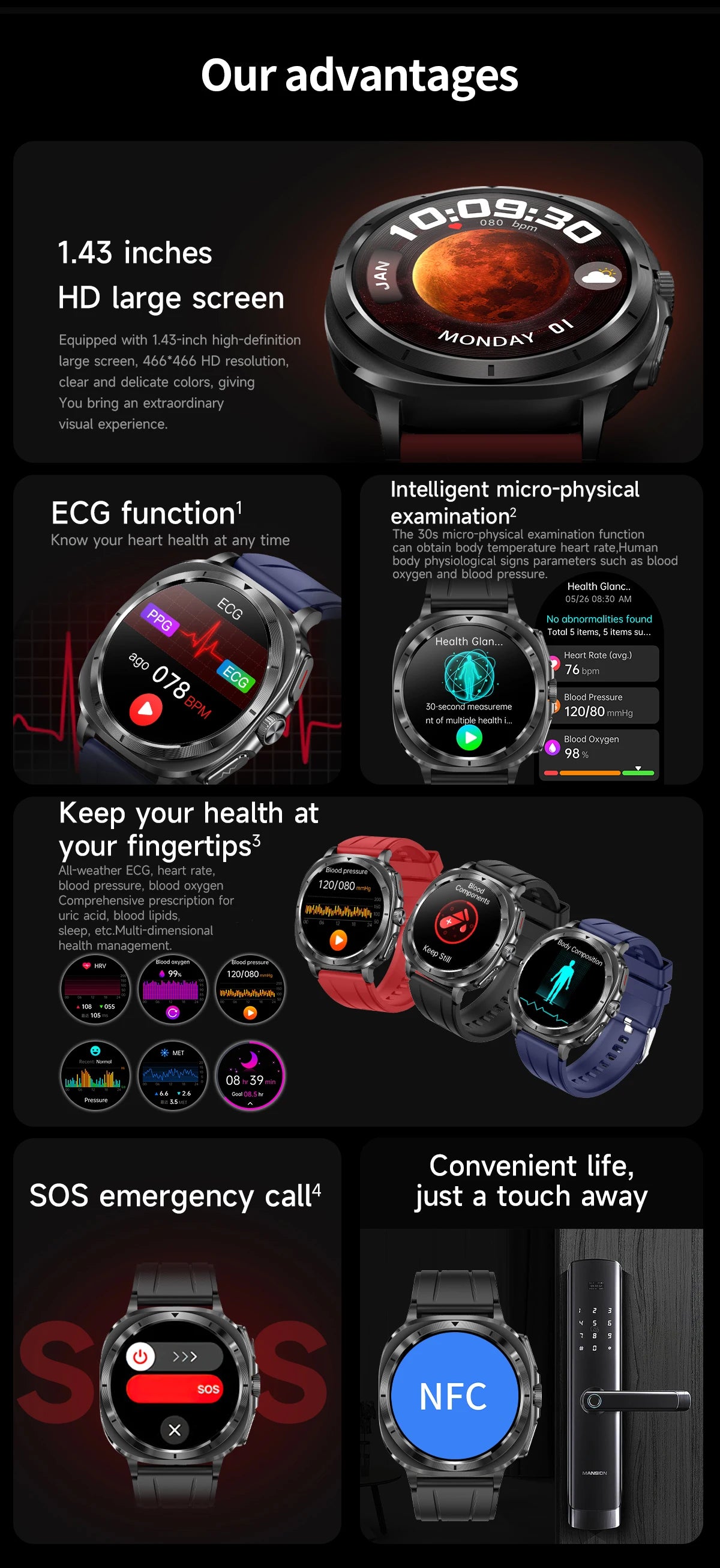 2025 New Precise Blood Lipids Uric Acid Smart Watch Men ECG+PPG Clock Blood pressure Body analysis HD Call NFC Health Smartwatch
