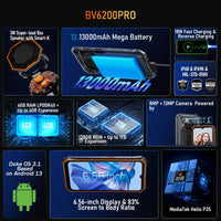 Blackview BV6200 Pro Rugged Phone Android 13 6.56'' Helio P35, 6GB+128GB Smartphone 13000mAh With 18W Fast Charge NFC Cell Phone