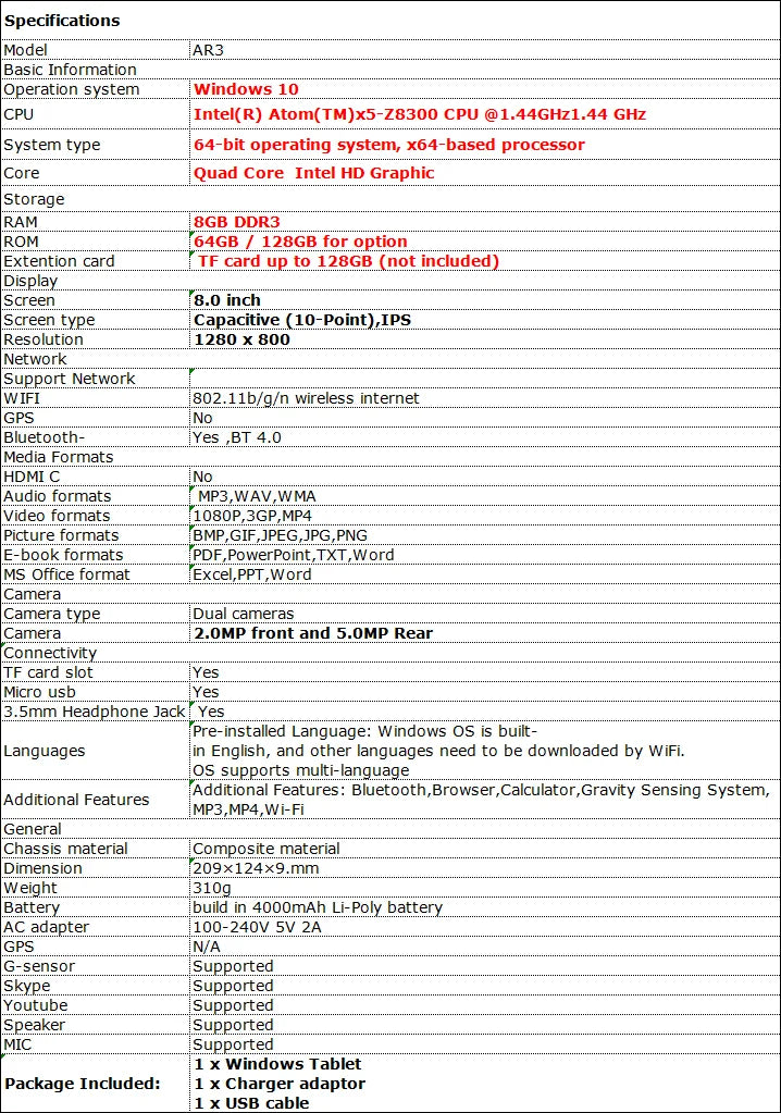 Hot Sales 64 Bit 10.1 INCH X5-Z8350 CPU 8GBRAM 128GB ROM Windows 10 Tablet PC AR10 Tablet PC 1920*1200 IPS Screen WIFI  HDMI-C