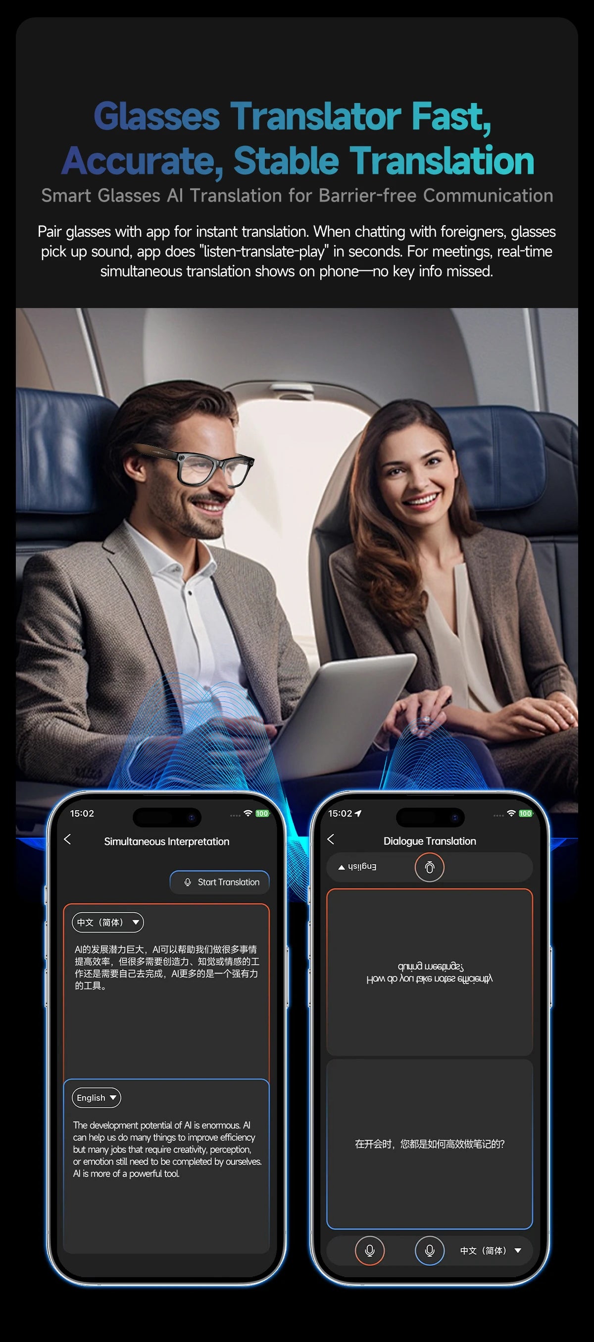 Smart Glasses 800W Pixel HD Camera Bluetooth Call Video Recording AI intelligent Real-time translation Object recognion Sunglass