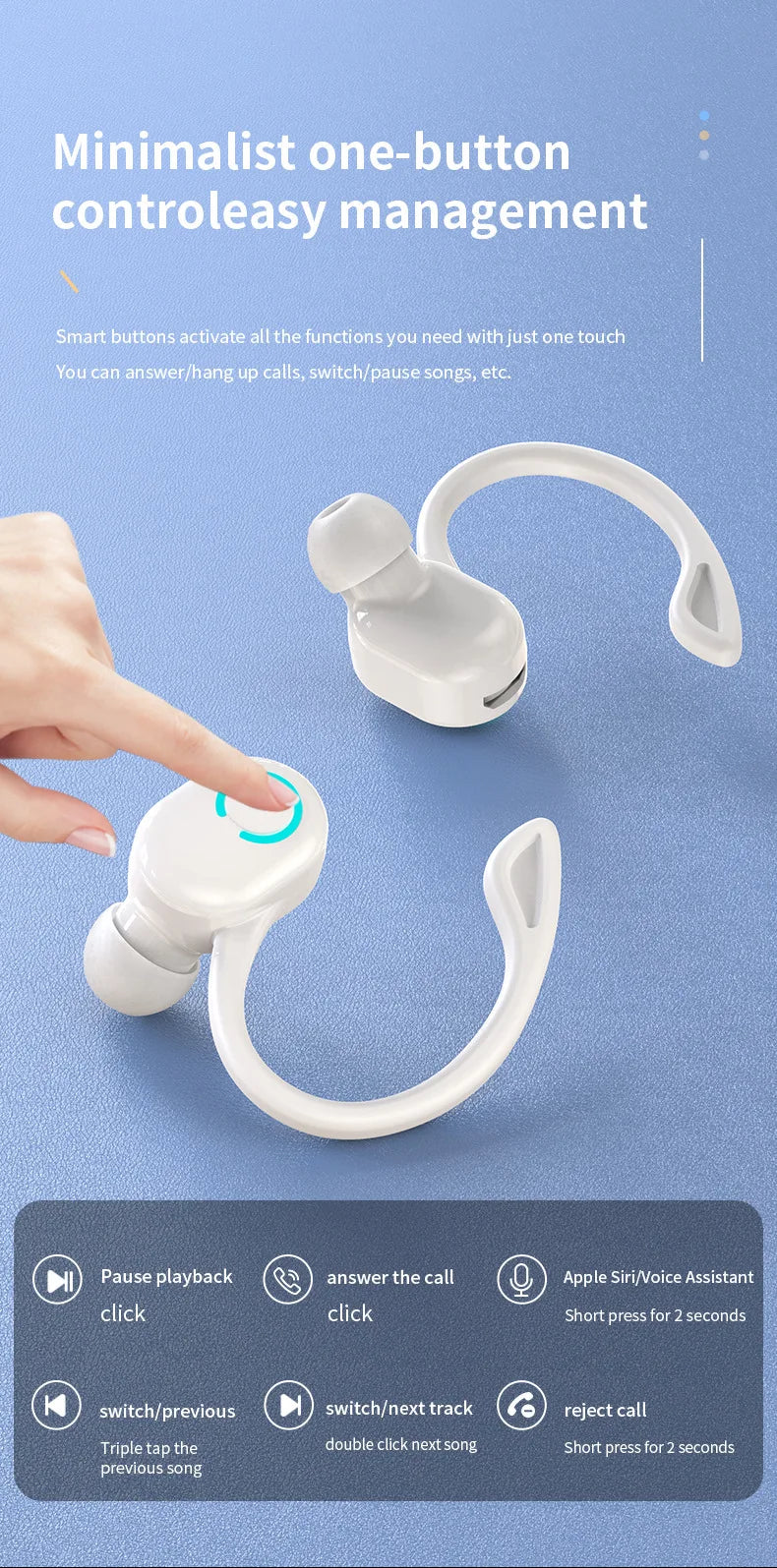 Bluetooth 5.2 Business Wireless Headphone Ear-Hook Mini HIFI Bass Noise Cancelling Earphone With Mic Sport Game Headset