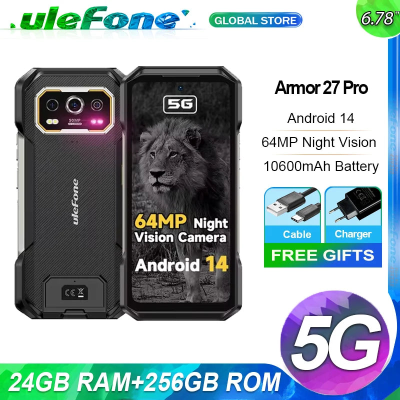 Ulefone Armor 27 Pro 5G Rugged Phone 10600mAh Smartphone 50MP Camera 64MP Night Android 14 Up to 24GB+256GB NFC Waterproof Phone