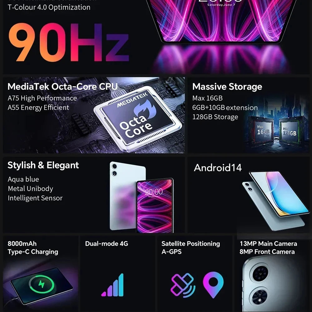 NEW Tablet Teclast T60 Plus 12 inch MTK Helio G88 8-core CPU 6GB RAM 16GB ROM Android 14 Dual-band WiFi BT5.0 8000mAh 13MP+8MP