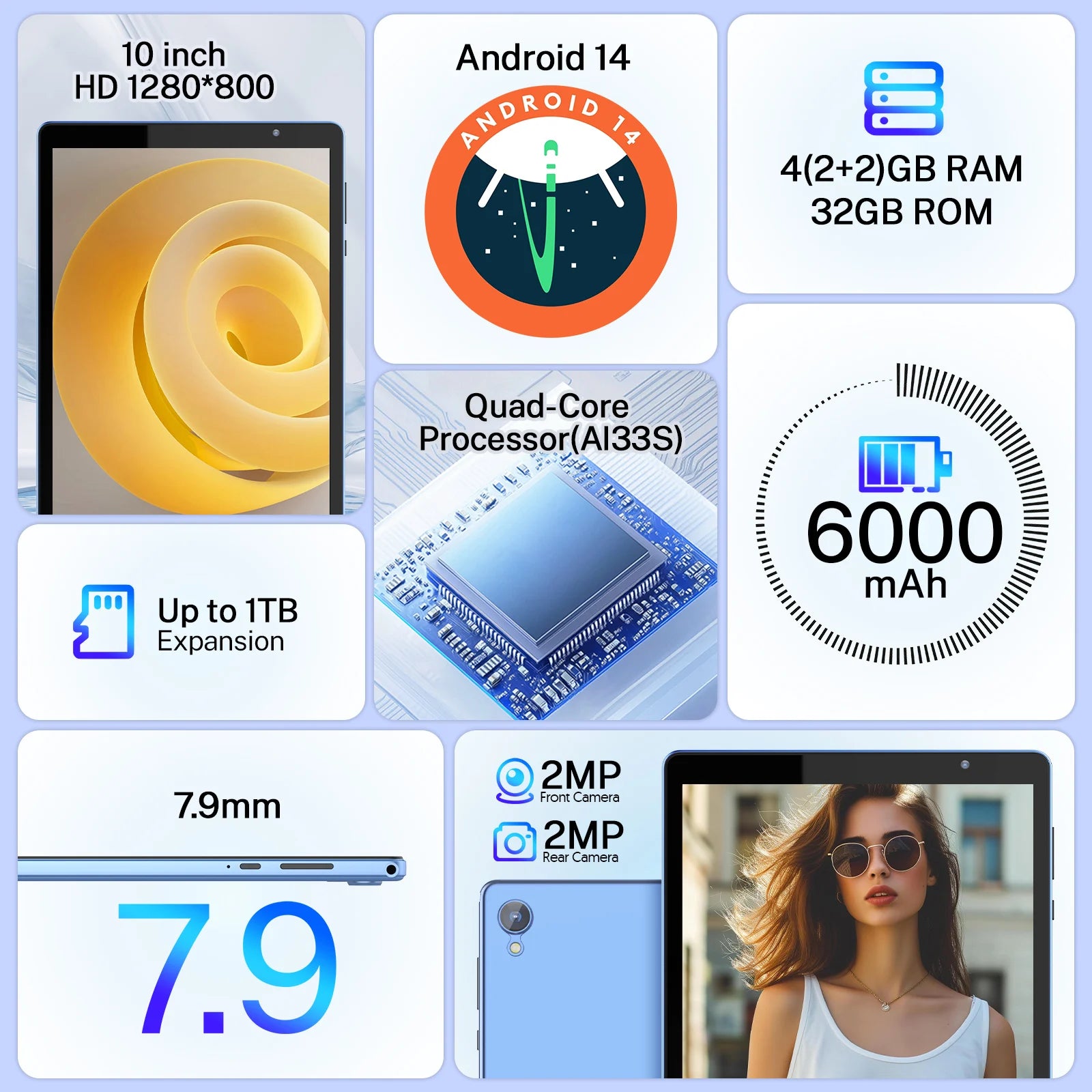 Latest Android 14 Tablet, 10-inch Tablet, Quad-core Processor, 5G WiFi, 4GB ROM + 32GB RAM, 1280*800 Resolution, 6000mAh Battery