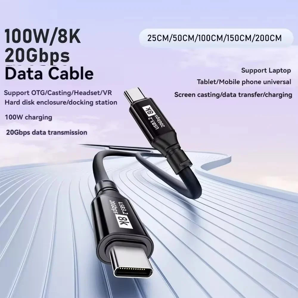 USB C to C 5A 100W PD Fast Charging 20Gbps Cable USB3.2 Gen2x2 8K 4K Video Output Cord for Laptop Tablet Mobile Phone Hard Drive