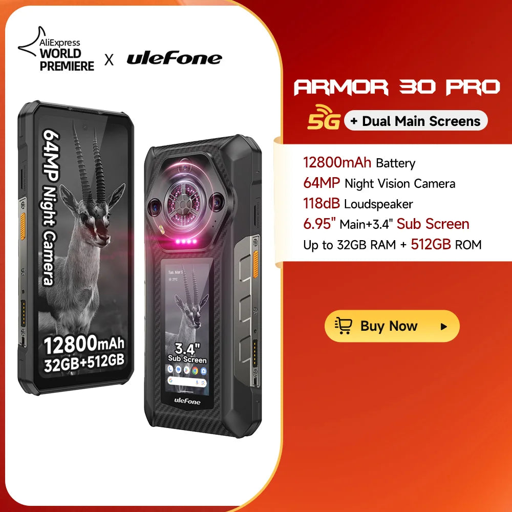 【World Premiere】Ulefone Armor 30 Pro 5G Rugged Phone Android 14 Smartphone 6.9" 120Hz 32GB+512GB 12800mAh Night Camera 64MP NFC