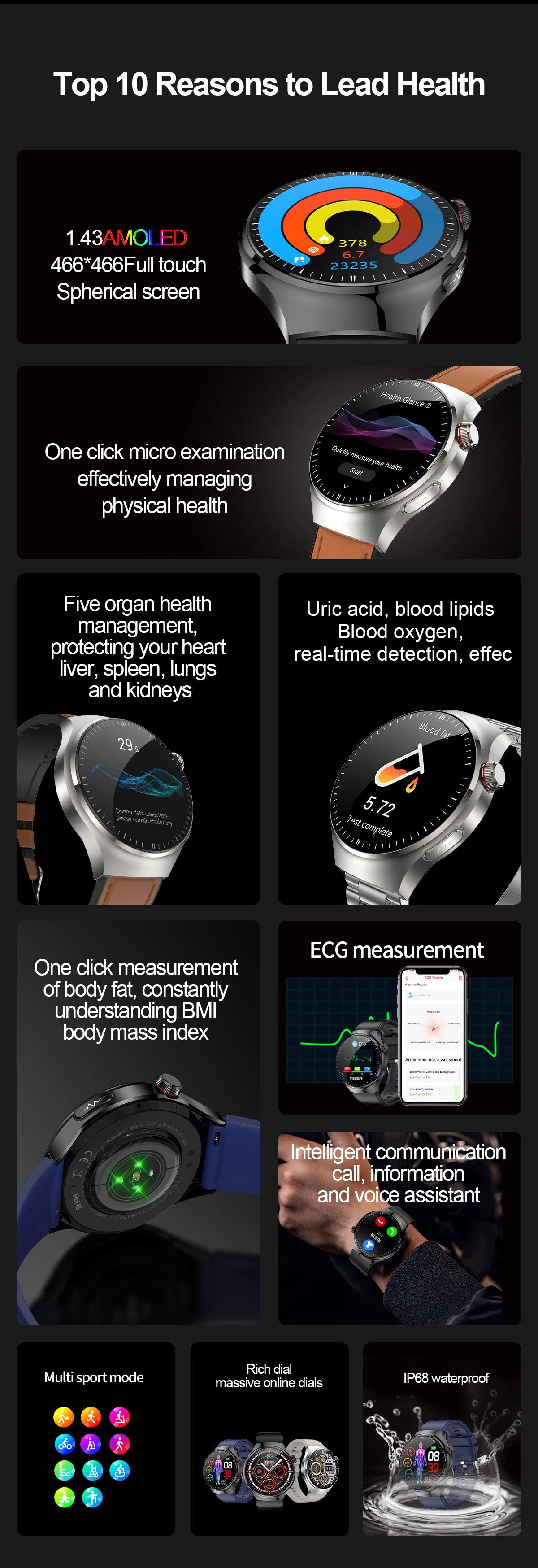 2025 New ECG Blood Pressure Blood Oxygen Blood Lipids Uric Acid Heart Rate Temperature Monitor AMOLED Bluetooth Call Smart Watch