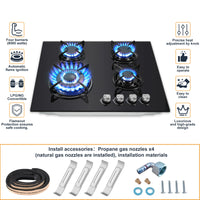 60cm Built-in Gas Hob 4 Burner | Auto Thermocouple & Safety Lock | 4-Zone Tempered Glass 8060W with Auto Ignition