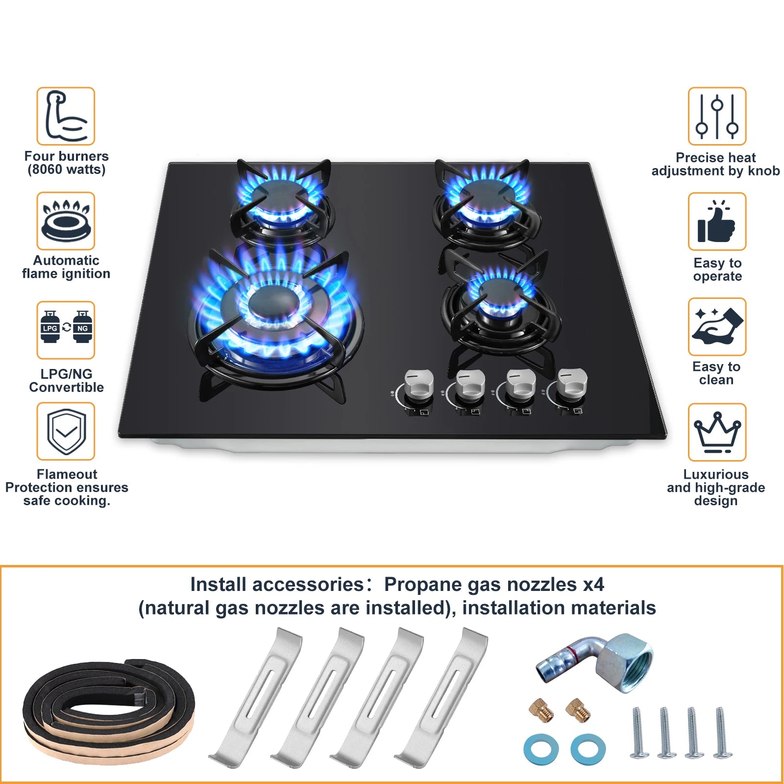 60cm Built-in Gas Hob 4 Burner | Auto Thermocouple & Safety Lock | 4-Zone Tempered Glass 8060W with Auto Ignition