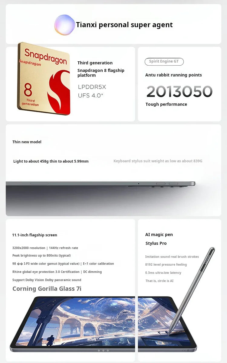 Lenovo Xiaoxin Pad pro GT 11.1'' 128GB 256GB Snapdragon 8 Gen3 144Hz 3.2K LCD 13MP Camera 8860mAh 68W Charging Tablet