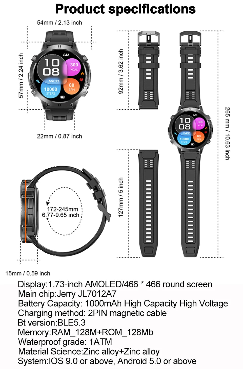 NEW 1000MAH Super endurance Sport Smart Watch Men 1.73-inch HD Screen GPS tracker Compass Bluetooth Call Waterproof Smart Watch