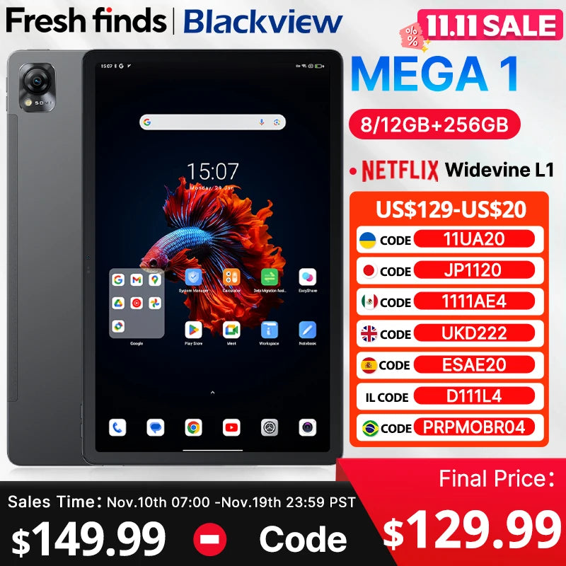 MEGA 1 Tablets Blackview 11.5 inch 2.4K 120Hz Display 8GB/12GB 256GB 50MP Camera 33W Fast Charging 8800mAh Battery MTK Helio G99