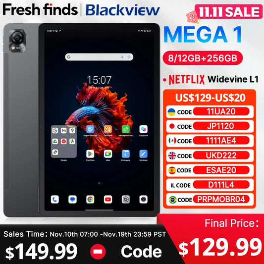 MEGA 1 Tablets Blackview 11.5 inch 2.4K 120Hz Display 8GB/12GB 256GB 50MP Camera 33W Fast Charging 8800mAh Battery MTK Helio G99