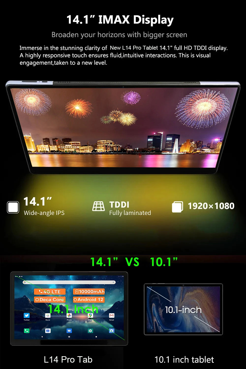 Global Version 14 Inch 1920x1080 IPS Big Screen Tablet PC 5+13MP Camera 12+256GB Deca-Core планшет 2 IN 1 Tablets Android Laptop