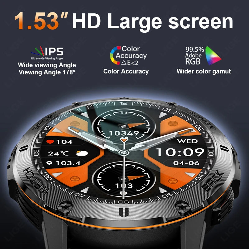 LIGE Outdoor Military Smart Watch Men 1.53" AMOLED Screen GPS trackr Waterproof Bluetooth Call Sports Braceletes For Android IOS