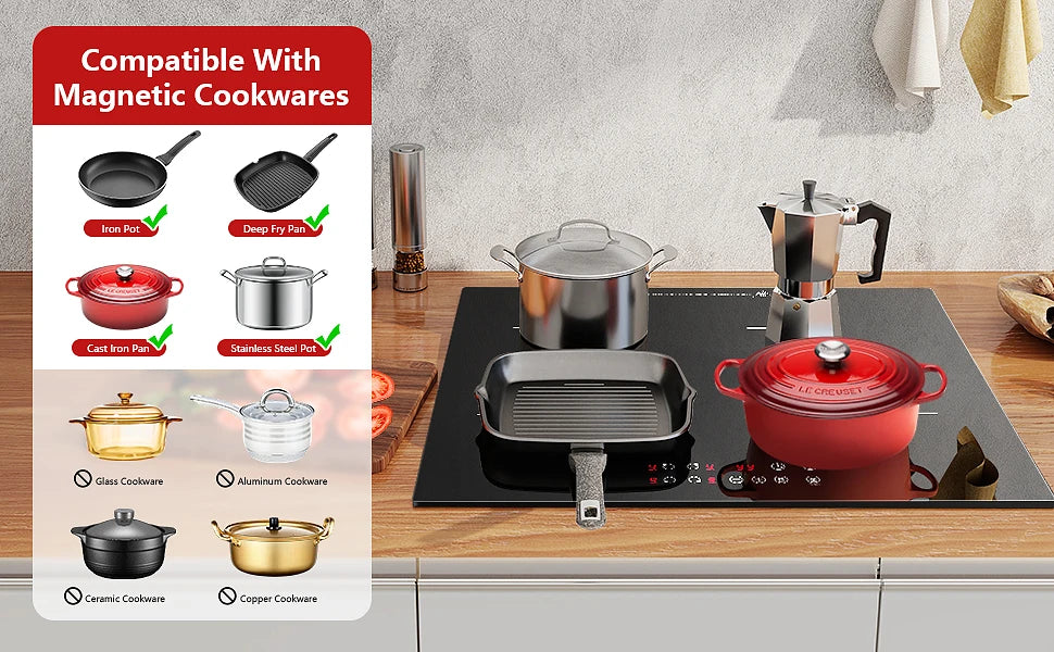 Induction Hob 4 Plates Built-in Electric Cooktop 60cm Booster Touch Control 6000W 9 Power Levels 1-99Minute Timer Child Lock