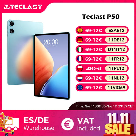 Teclast P50 Android 15 Tablet 11" 90Hz Max 20GB(8+12) RAM 128GB ROM Unisoc T606 8-core 4G LTE GPS Widevine L1 Tablets PC Type-C